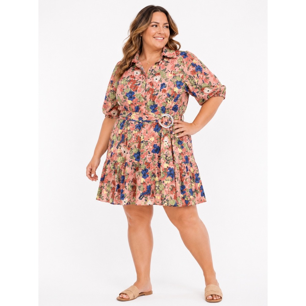ELOQUII Size 16 Floral Midi Shirt Dress Belted Cottagecore Garden Party Boho